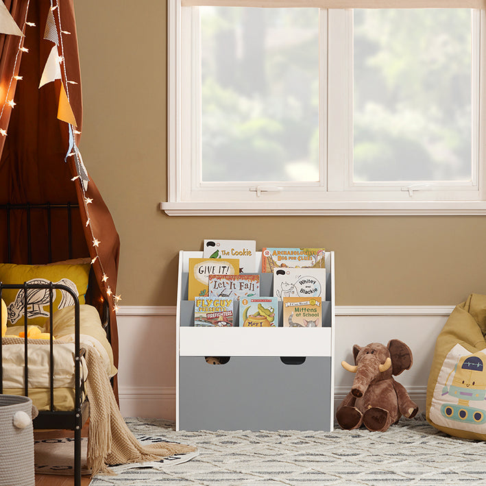 Kinderboekenplank met speelgoedkist - Opbergorganisator - Boekenkast - MDF-materiaal - Gemakkelijke toegang voor peuters - Met wielen - 62,5 cm x 70 cm x 30 cm