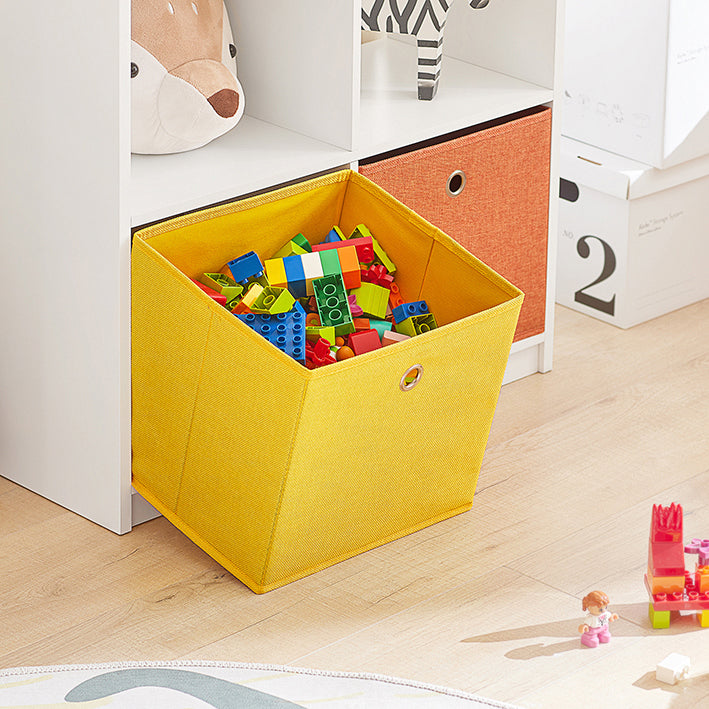 Kinderboekenplank en opbergorganisator - Speelgoedplank - Boekenrek - Inclusief 4 vakken en 2 stoffen dozen - Muurbeveiligd met kantelslot - MDF en niet-geweven stof - 65 cm x 91 cm x 27 cm