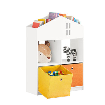 Kinderboekenplank en opbergorganisator - Speelgoedplank - Boekenrek - Inclusief 4 vakken en 2 stoffen dozen - Muurbeveiligd met kantelslot - MDF en niet-geweven stof - 65 cm x 91 cm x 27 cm