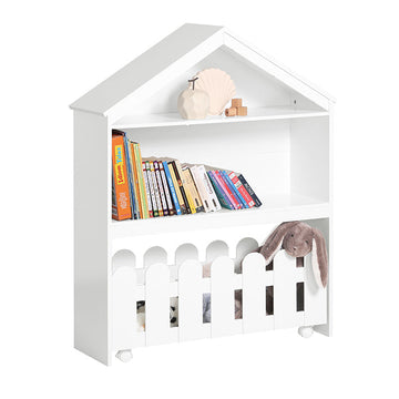 Kinderboekenplank en opbergwagen - Verplaatsbare boekenkast - Kinderplank met hekontwerp - Voldoende opbergruimte - Veilige wandbevestiging - Verrijdbaar met afsluitbare wielen - 91 cm x 114 cm x 30 cm