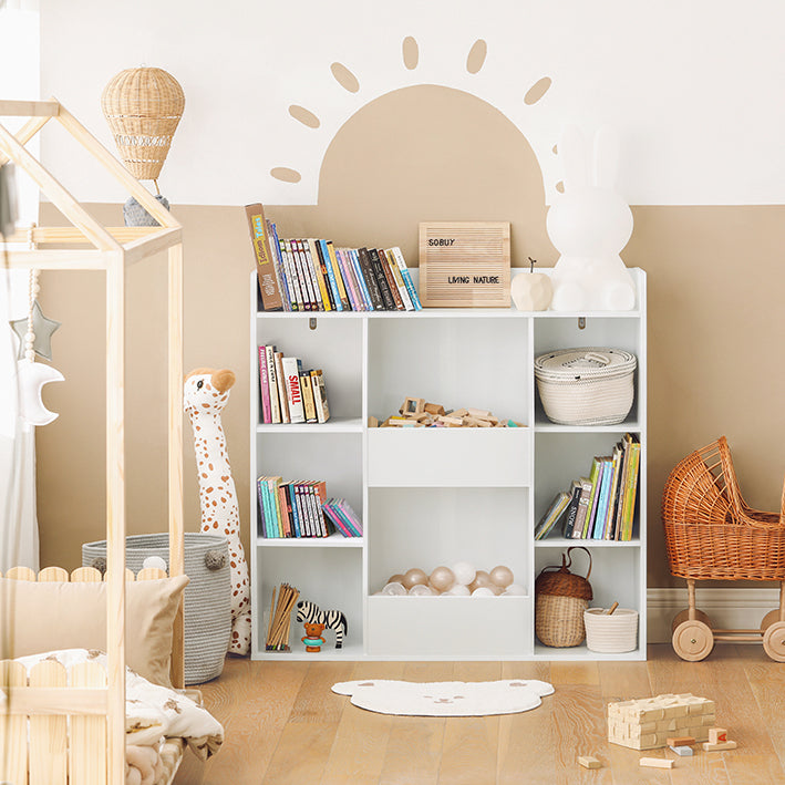Kinderboekenplank - Speelgoedkist - Opbergrek - Veilige afgeronde hoeken - Kantelslot - Veelzijdig gebruik - Wit - 106 cm x 104 cm x 30 cm