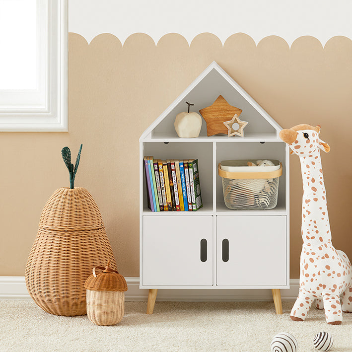 Kinderboekenplank - Speelgoedplank - Opbergrek - Constructie van MDF en grenen - Veiligheidsvoorzieningen - Anti-tip-apparaten - 60 cm x 103 cm x 30 cm