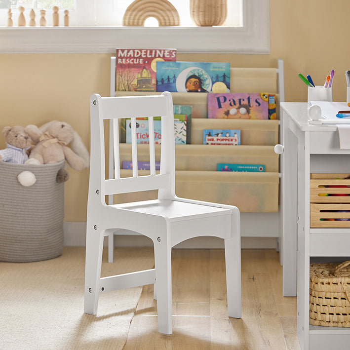 Kindertafel en stoelenset - Studiebureau - Activiteitentafel - Duurzame constructie van MDF en grenen - Opbergplanken - Papierrolhouder - Hoge rugleuning - Afmetingen: tafel 80x65,5x54cm, stoel 30x64x34,5cm