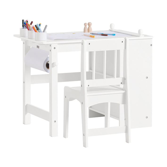 Kindertafel en stoelenset - Studiebureau - Activiteitentafel - Duurzame constructie van MDF en grenen - Opbergplanken - Papierrolhouder - Hoge rugleuning - Afmetingen: tafel 80x65,5x54cm, stoel 30x64x34,5cm