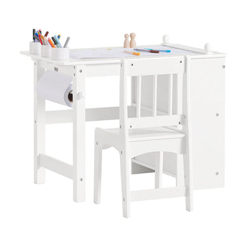 Kindertafel en stoelenset - Studiebureau - Activiteitentafel - Duurzame constructie van MDF en grenen - Opbergplanken - Papierrolhouder - Hoge rugleuning - Afmetingen: tafel 80x65,5x54cm, stoel 30x64x34,5cm