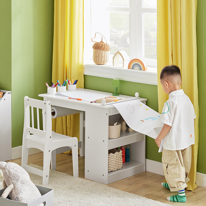 Kindertafel en stoelenset - Studiebureau - Activiteitentafel - Duurzame constructie van MDF en grenen - Opbergplanken - Papierrolhouder - Hoge rugleuning - Afmetingen: tafel 80x65,5x54cm, stoel 30x64x34,5cm