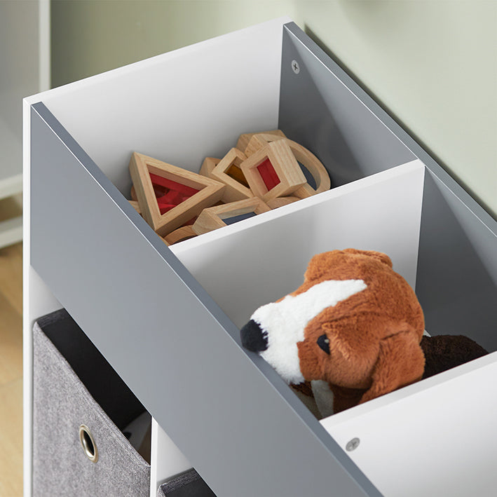 Kinderopbergrek - Speelgoedorganisator - Mobiele boekenkast - Duurzame MDF- en stoffen bakken - Gemakkelijke mobiliteit met afsluitbare wielen - Kindvriendelijke hoogte - 80 cm x 63 cm x 30 cm