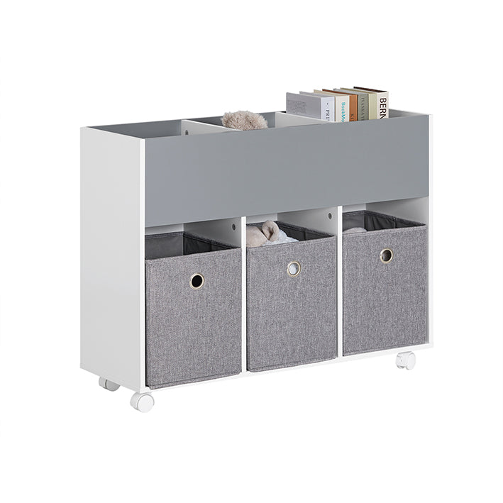 Kinderopbergrek - Speelgoedorganisator - Mobiele boekenkast - Duurzame MDF- en stoffen bakken - Gemakkelijke mobiliteit met afsluitbare wielen - Kindvriendelijke hoogte - 80 cm x 63 cm x 30 cm