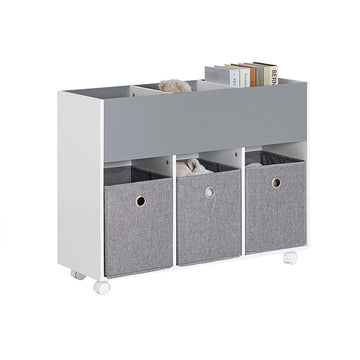 Kinderopbergrek - Speelgoedorganisator - Mobiele boekenkast - Duurzame MDF- en stoffen bakken - Gemakkelijke mobiliteit met afsluitbare wielen - Kindvriendelijke hoogte - 80 cm x 63 cm x 30 cm