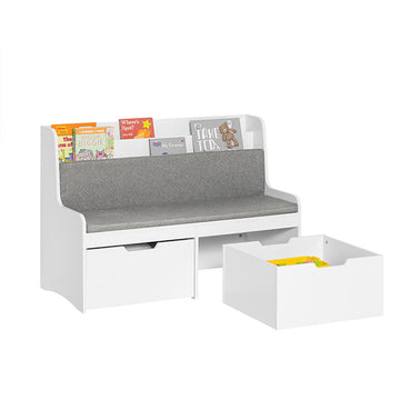 Kinderbank met boekenplank en zitkussen - Speelgoedkist - Opbergdoos met wielen - MDF-constructie - Duurzaam en ruim - Kan tot 120 kg dragen - 100 cm x 70 cm x 45 cm