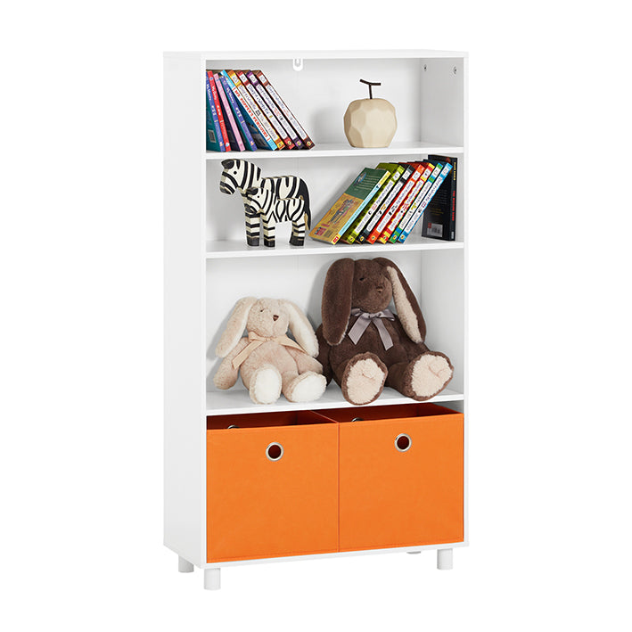 Kinderboekenplank met opbergdozen - Speelgoedorganizer - Kinderboekenkast - Constructie van MDF en bamboe - Veiligheidsfunctie met kantelvergrendeling - Eenvoudige montage - 60 cm x 110 cm x 25 cm