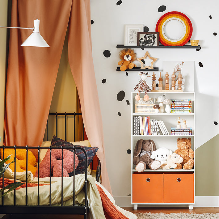 Kinderboekenplank met opbergdozen - Speelgoedorganizer - Kinderboekenkast - Constructie van MDF en bamboe - Veiligheidsfunctie met kantelvergrendeling - Eenvoudige montage - 60 cm x 110 cm x 25 cm