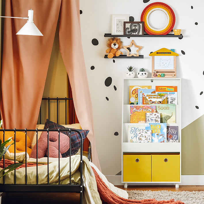 Kinderboekenplank met opbergdozen - Speelgoedorganizer - Boekenkast - MDF en Bamboe - Muurvast - Eenvoudige montage - 60 cm x 110 cm x 25 cm