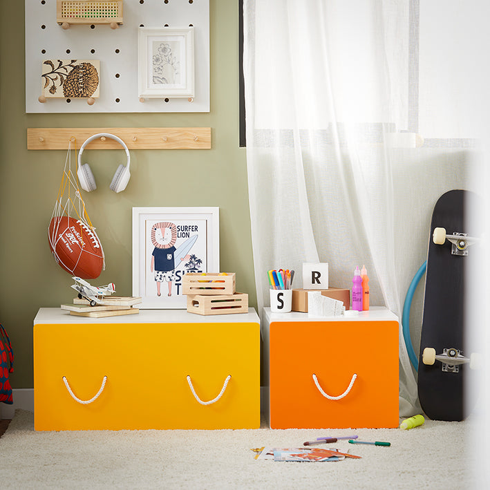 Speelgoedkist met wielen - Speelgoedkist met deksel - Kinderopbergdoos - MDF-constructie - Mobiel en veelzijdig - Ondersteunt tot 93 kg - 70 cm x 35 cm x 40 cm - Geel Wit