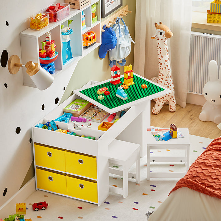 Activiteitentafel voor kinderen met 2 stoelen - Speeltafel - Speeltafel - Inclusief opbergbakken - Tafelblad voor tweeërlei gebruik - Ruimtebesparend ontwerp - Duurzame constructie - 87 cm x 50 cm x 50 cm