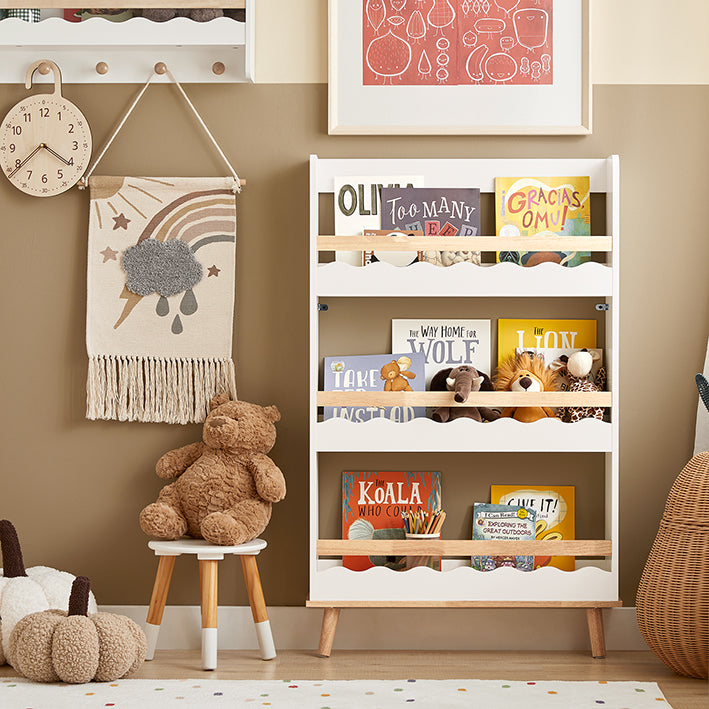 Kinderboekenkast - Kinderorganizer - Tijdschriftenhouder voor kinderen - MDF en rubberhout - 75 cm x 120 cm x 15 cm