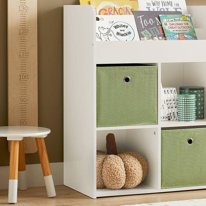 Kinderboekenkast met 2 stoffen dozen - Speelgoedplank - Opbergrek - MDF-constructie - Muurveilig kantelslot - Ruimtebesparend ontwerp - 60 cm x 36 cm x 20 cm