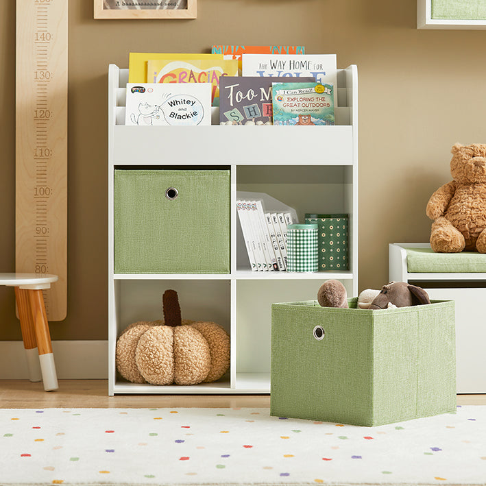 Kinderboekenkast met 2 stoffen dozen - Speelgoedplank - Opbergrek - MDF-constructie - Muurveilig kantelslot - Ruimtebesparend ontwerp - 60 cm x 36 cm x 20 cm