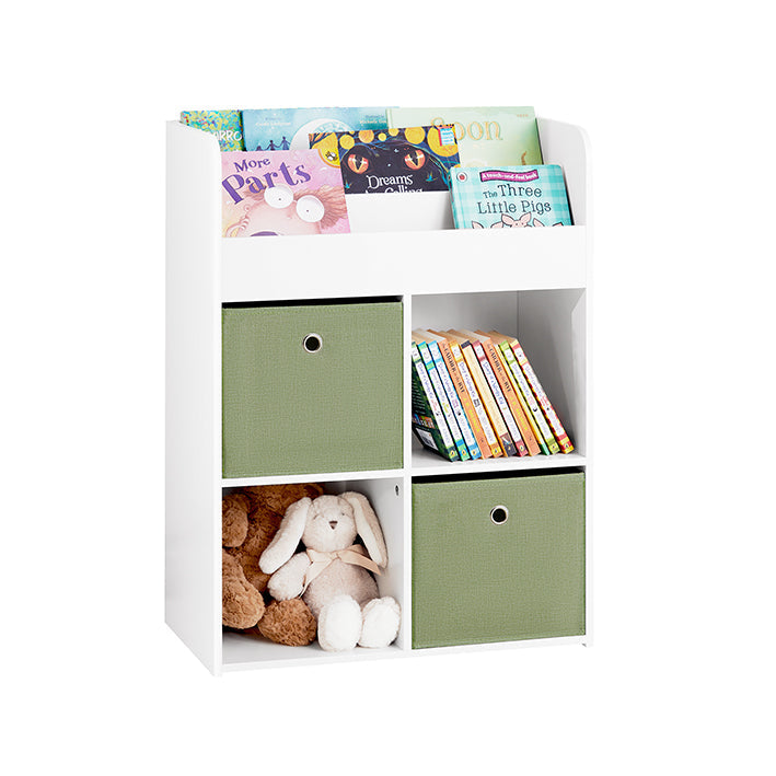 Kinderboekenkast met 2 stoffen dozen - Speelgoedplank - Opbergrek - MDF-constructie - Muurveilig kantelslot - Ruimtebesparend ontwerp - 60 cm x 36 cm x 20 cm