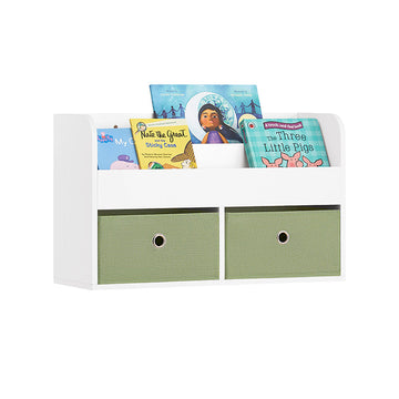 Kinderwandkapstok met opbergruimte - Boekenplank - Organisatorplank - MDF-constructie - Dubbele opbergvakken - Opvouwbare fleecedozen - 60 cm x 36 cm x 20 cm