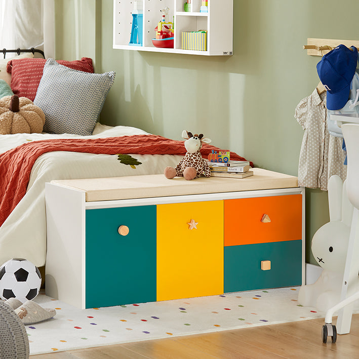 Speelgoedkist met zitkussen - Kinderbank - Opbergdoos met wielen - MDF-constructie - Gemakkelijke mobiliteit - Veelzijdige opslag - 100 cm x 46 cm x 37 cm
