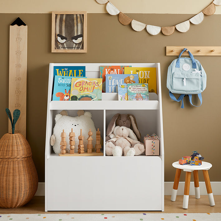 Mobiele kinderboekenplank met speelgoedkist - Opbergrek - Kinderorganizer - MDF-constructie - Veiligheidsmuurbevestiging - Eenvoudige montage - 76 cm x 100 cm x 40 cm