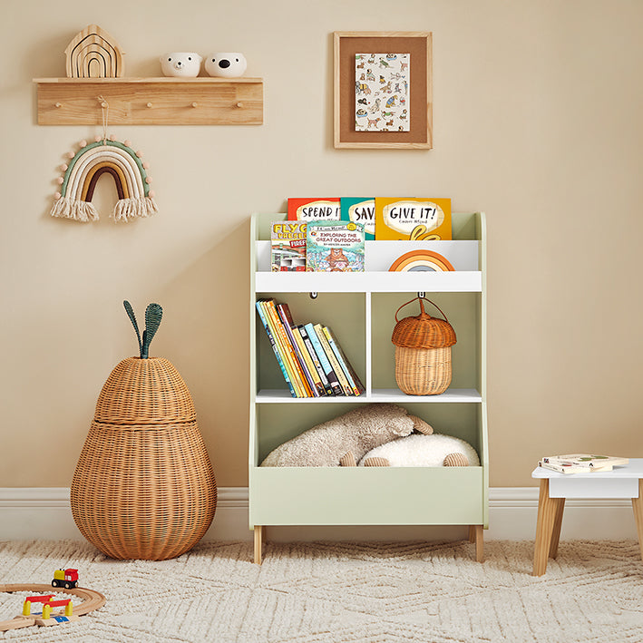 Kinderboekenplank - Speelgoedopbergrek - Kinderorganizer - Constructie van MDF en grenen - Veiligheidsanti-tip ontwerp - Eenvoudige montage - 60 cm x 89 cm x 36 cm