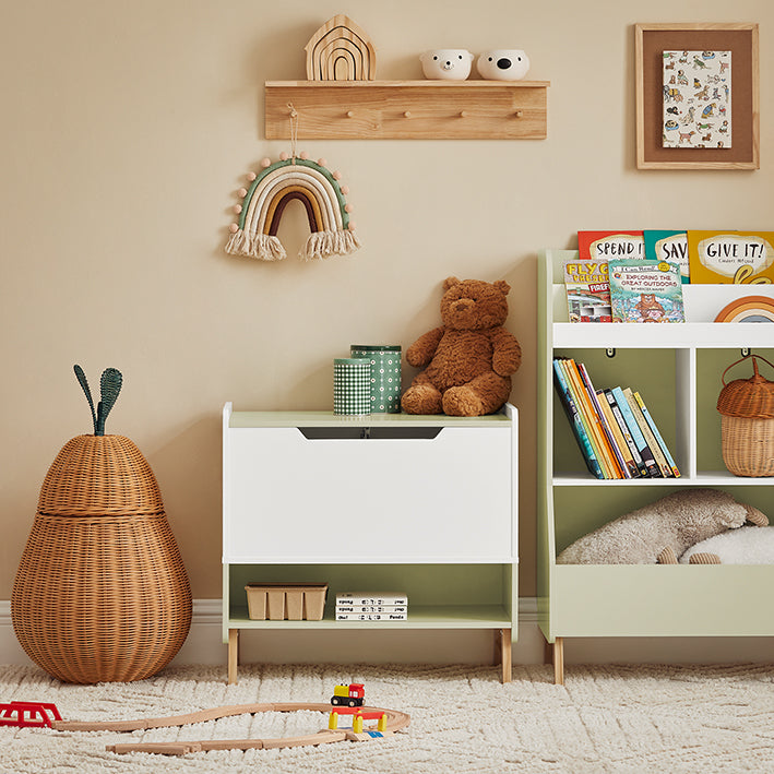 Kinderspeelgoedkist - Speelgoedkist met deksel - Opbergdoos - Wit-groen - Stevige constructie van MDF en grenen - Ruime en georganiseerde opslag - Veiligheidsontwerp - 60 cm x 57 cm x 34 cm