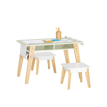 Kinderactiviteitentafelset met 2 krukken - Studiebureau - Knutseltafel - Ruimtebesparend ontwerp - Duurzame constructie van MDF en grenen - Inclusief papierrolhouder - 80 cm x 50 cm x 48 cm