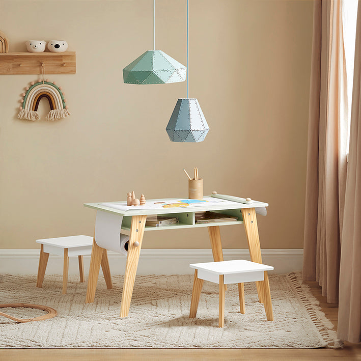 Kinderactiviteitentafelset met 2 krukken - Studiebureau - Knutseltafel - Ruimtebesparend ontwerp - Duurzame constructie van MDF en grenen - Inclusief papierrolhouder - 80 cm x 50 cm x 48 cm