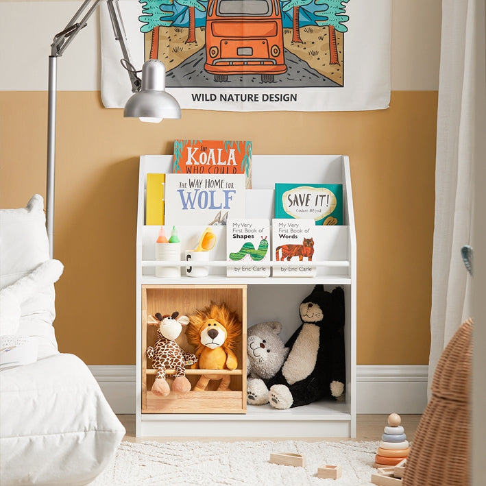 Kinderopbergrek met schuifdeur - Boekenplank - Speelgoedorganizer - MDF en Bamboe - Veilig en Stabiel met Kantelbeveiliging - Eenvoudige montage - 63cm x 80cm x 35cm