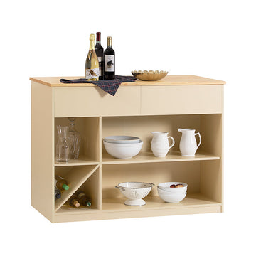 Modern Keukeneiland - Dressoir - Buffetkast - MDF en Rubberhout - Ruime opbergruimte met 5 vakken en 2 lades - Wijnflessenopslag - 120cm x 90cm x 60cm