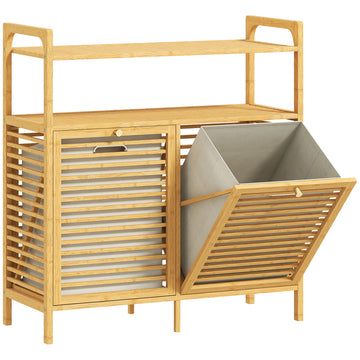 Bamboe waskast met 2 wasmanden | Kleur: Naturel + crèmewit | Afmetingen: 82x33x88 cm