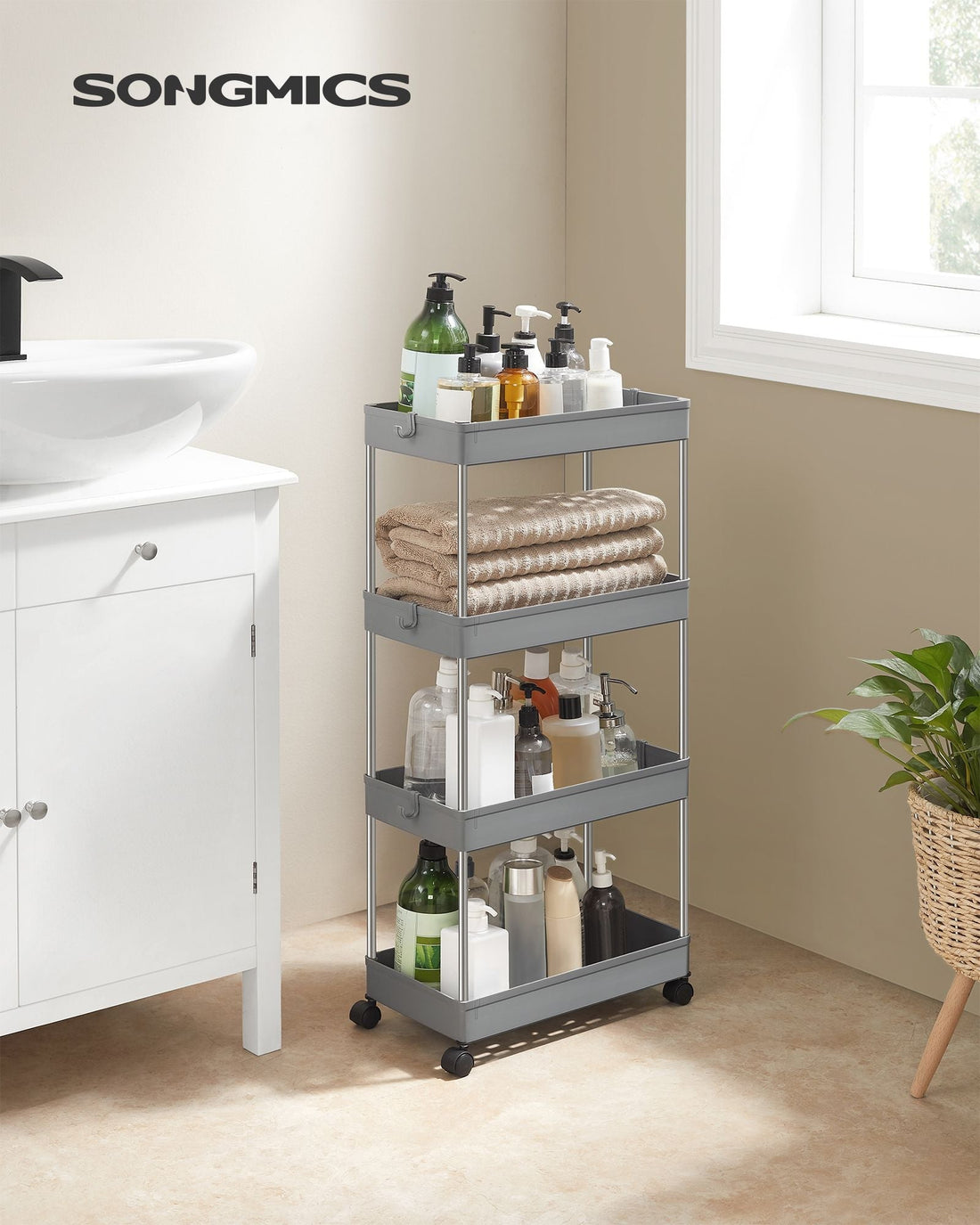 Grijs nisrek - opbergrek - PP kunststof - RVS buizen - 22 x 40 x 88 cm - 20 kg