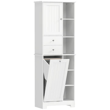Badkamerkast met wasmand, 2 lades en 6 vakken | Kleur: Wit | Afmetingen: 60x28,8x171 cm