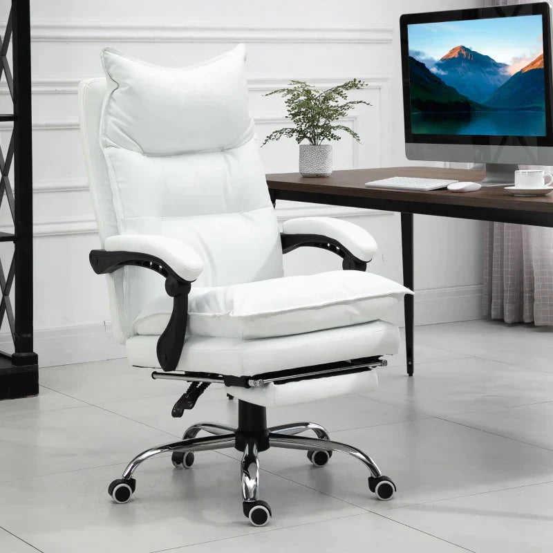 Bürostuhl mit Fußstütze - PU-Leder, verstellbar | Farbe: Weiß | Abmessungen: 66x72x122-130 cm