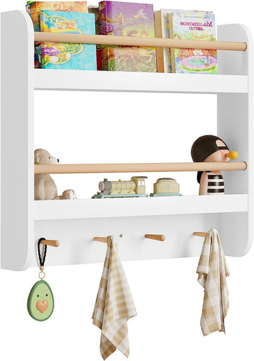 Kinderboekenrek met 2 planken en 4 haken | 60x12x55 cm