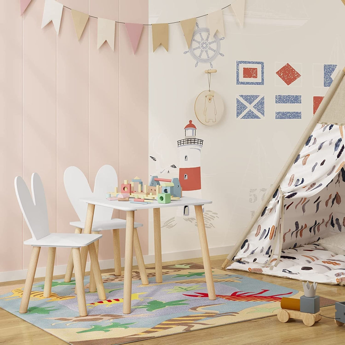 Kindertafel met 2 stoelen en konijnenoren | Wit | 49,5x49,5x47 cm