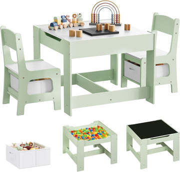 3-delige kindertafelset met 2 stoelen en opbergruimte | Groen + Wit | 62x61,5x48 cm