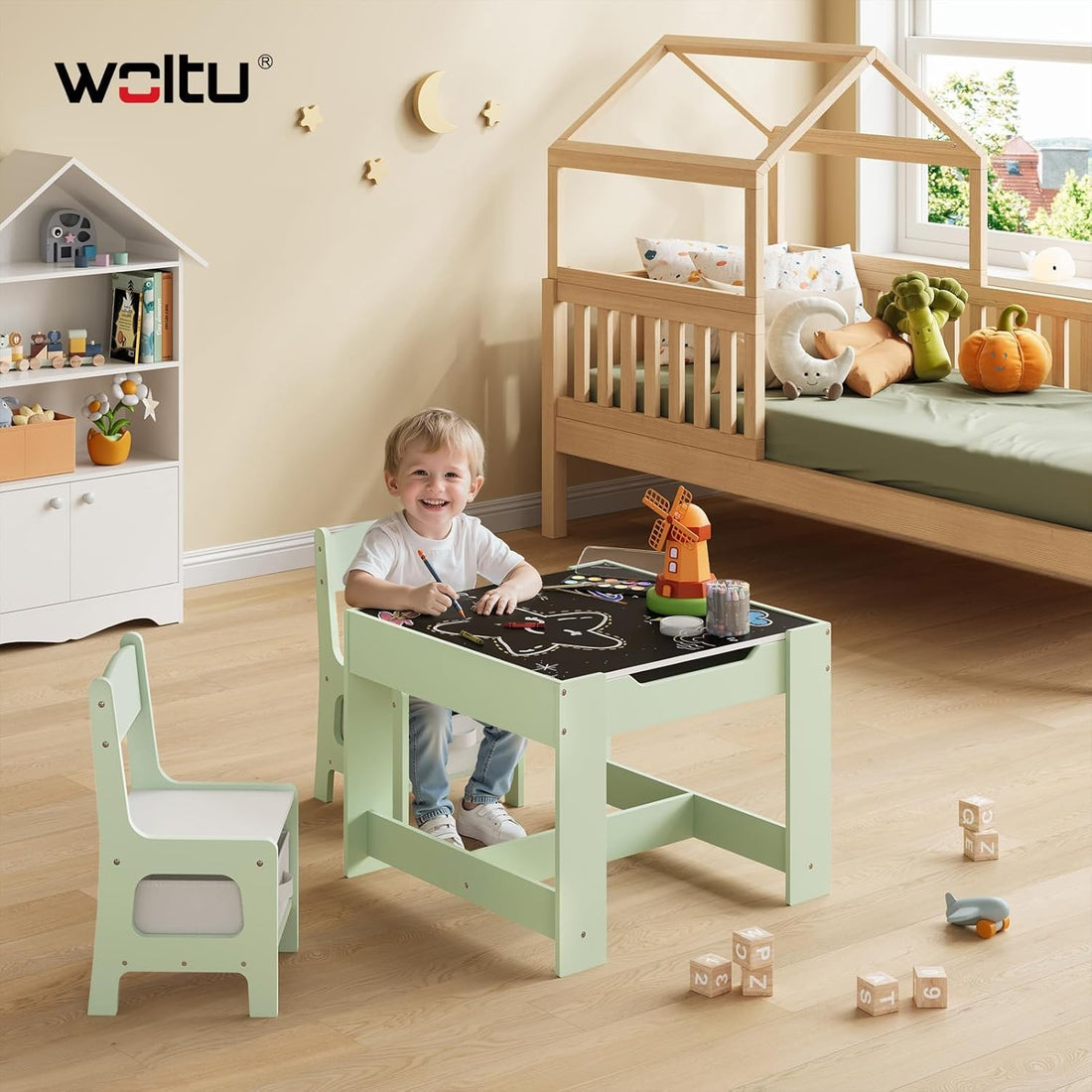3-delige kindertafelset met 2 stoelen en opbergruimte | Groen + Wit | 62x61,5x48 cm