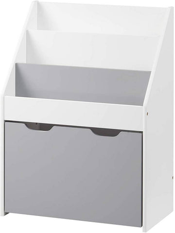 Kinderboekenrek met speelgoedkist en wielen | Grijs + Wit | 28x50,5x69,5 cm