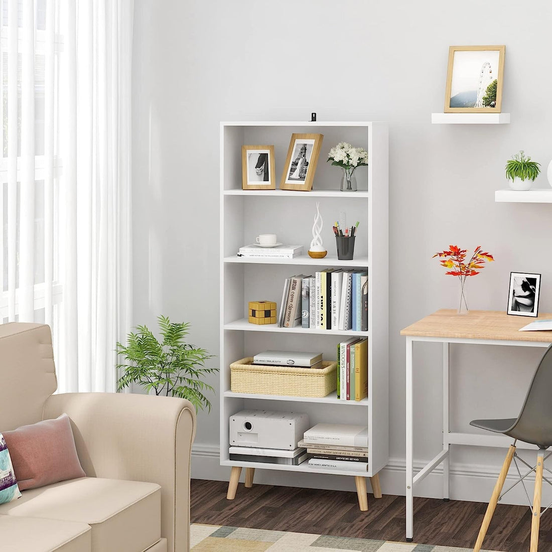 Bücherregal mit 5 Fächern, offenes Aufbewahrungsregal | Weiß | 60x24x144 cm