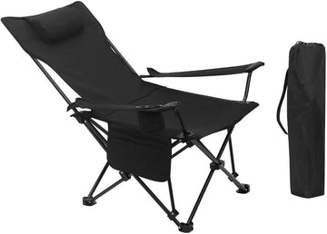 Opvouwbare campingstoel met rugleuning en bekerhouder | Zwart | 58,5x88,5x83 cm