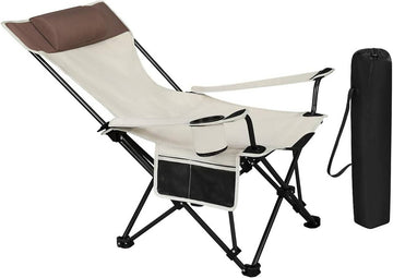 Opvouwbare campingstoel met verstelbare rugleuning en bekerhouder | Beige | 58,5x88,5x83 cm