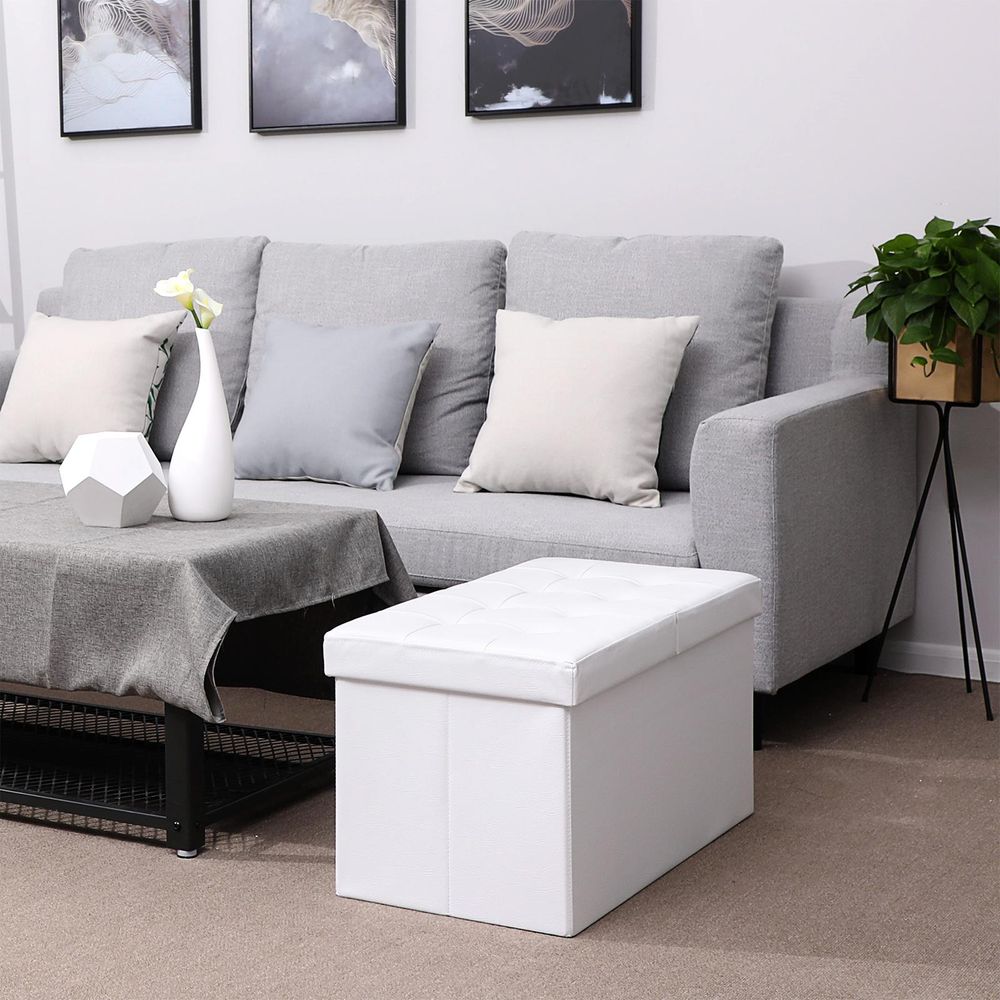 Opbergbank - inklapbaar - scharnierend deksel - PVC/MDF - wit - 76 x 38 x 38 cm