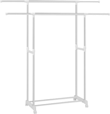 Kledingrek met 2 kledingstangen op wielen, verstelbaar metaal | Zilver wit | 151,5x42x171 cm