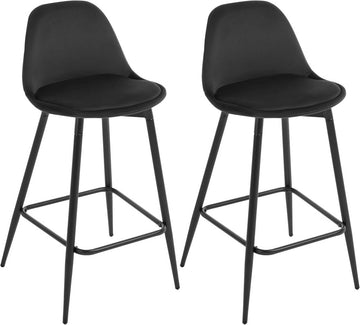 Barhockers 2-delige set, fluweel, met voetsteun en rugleuning | Zwart | 43x42x86,5 cm