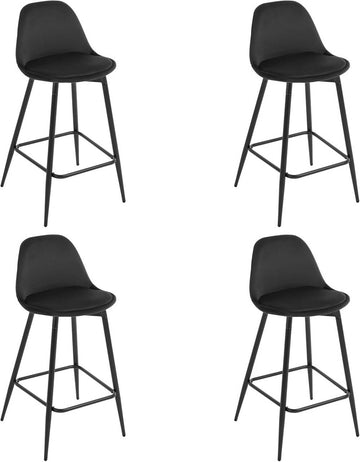 Barstoelenset 4 stuks, fluweel, met rugleuning en voetsteun | Zwart | 43x42x86,5 cm