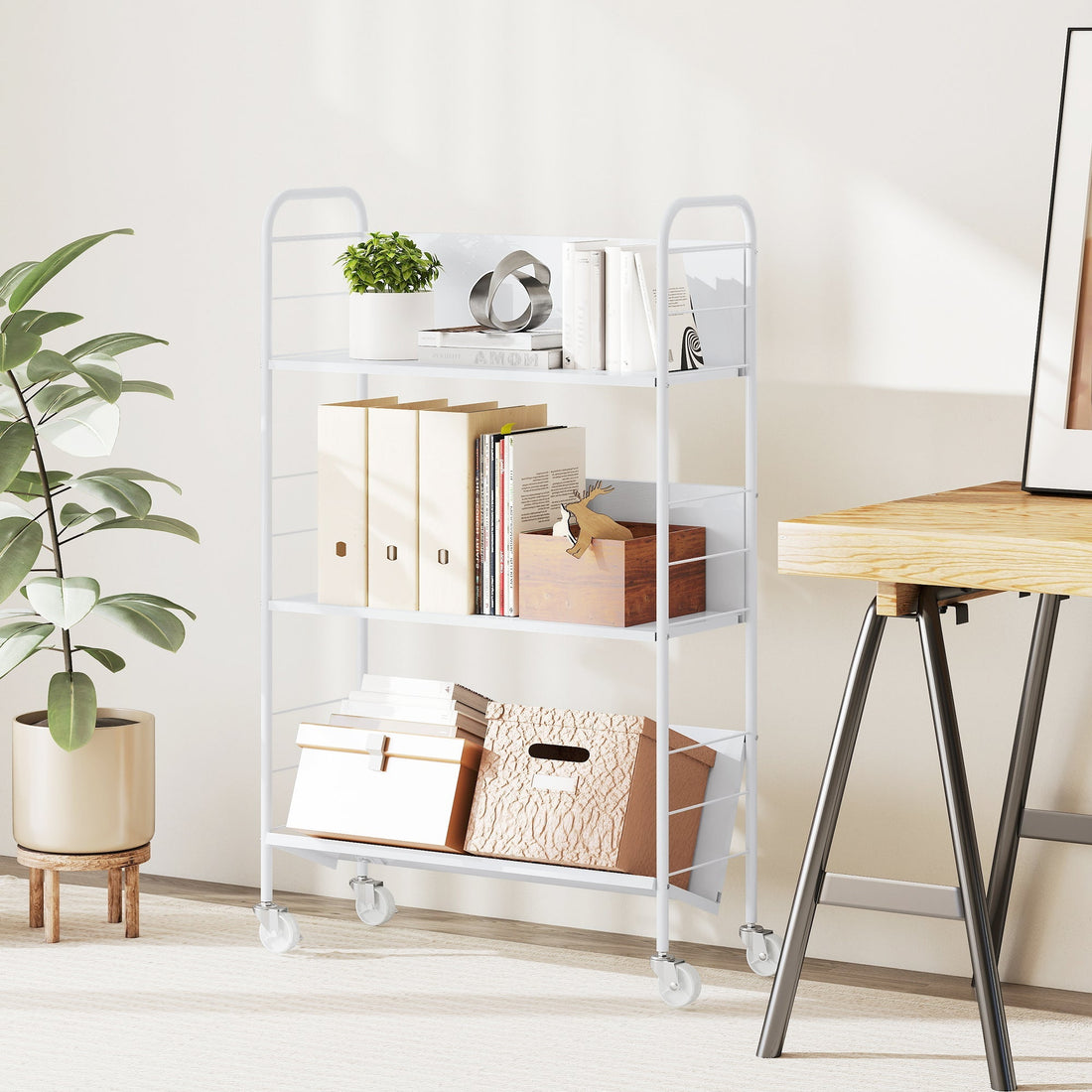 Witte 3-laagse boekenkast met wielen | Kleur: Wit | Afmetingen: 69x26x108 cm
