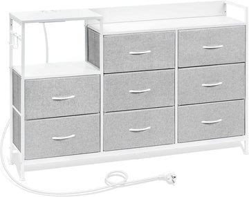 Ladekast met 8 laden en stopcontacten, metalen frame | Lichtgrijs | 132x30x88 cm